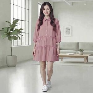 Umgee Pink Tiered Long Sleeve Linen Blend Relaxed Fit Mini Dress Size Large